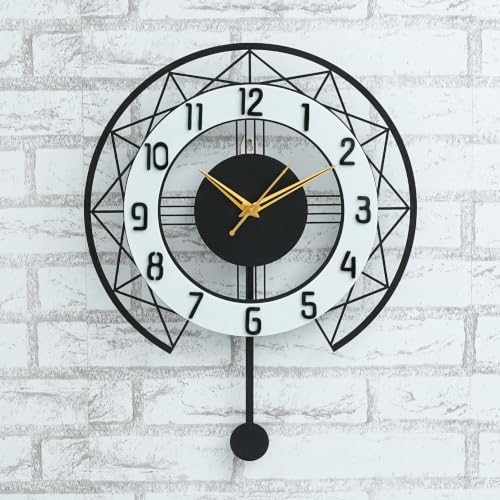 Image of Pendulum Wall Clock for Living Room Stylish | Metal Wall Watch for Office, Bedroom, Hall | Big Size Morden Wall Decor for Home (15 Inch Matt Black)