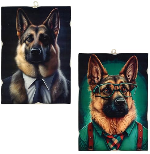 KUSTOM ART 2 cuadros a cuadros estilo vintage serie animales aristocráticos perro pastor alemán impresión sobre madera 25 x 18 cm