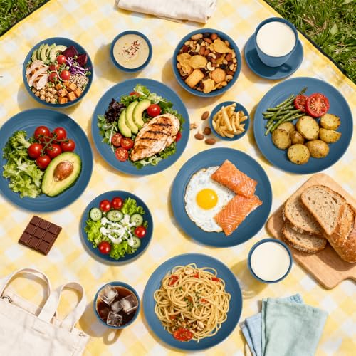 Image of 16 PCS Wheat Straw Plates and Bowls Sets,Kids Dishes Dinnerware Sets for 4,Unbreakable Kitchen Plates and Bowls Set for Travel Dishwasher & Microwave Safe Lightweight Dishes Set - DeepBlue