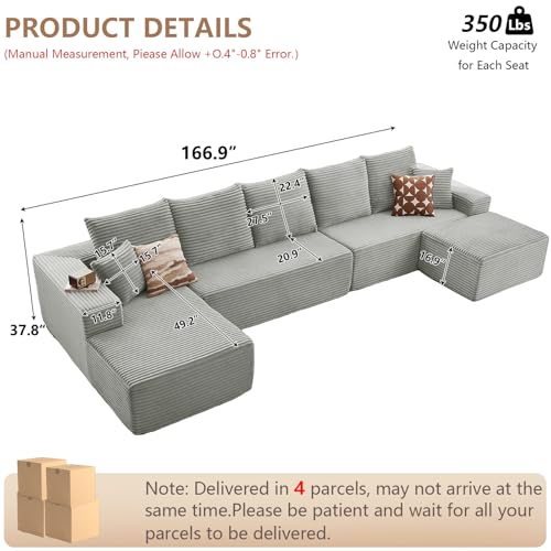 Image of Oversized Modular Sectional Sofa Couch, Large 6 Seater Corner Sofa Modern U Shaped Sectional Couch Cloud Couches for Living Room, Office, Spacious Space, Corduroy,No Assembly Required, Light Grey