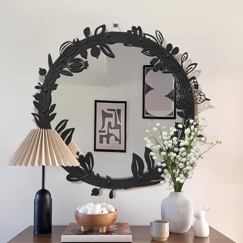 Blue Page BP1001-20IN-BLACK-FBA Decorative Round Mirror For Wall Decor, Black Floral Mirror With Flower Frame, Framed Circle Mirror Wall Mounted thumb #1