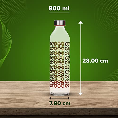 Image of SAND DUNE Set of 6, 800 ml Each Blooming Flowers Printed Glass water bottle, with Leak-Proof Airtight Stainless-Steel Lid for Water, Smoothie, Juices - Reusable Travel Glass Drinking Fridge Bottles
