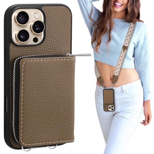 XANGNIER Wallet Case for iPhone 16 Pro RFID Blocking PU Leather Crossbody Phone Purse with Card Holder Zipper Pocket Wrist Strap & Adjustable Lanyard for Women 6.3 5G Brown