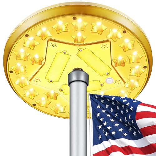 Aurolit Flag Pole Light Solar Powered, 25 Bright LED Flagpole Light, Up to 20 Hrs Lighting, IP65 Waterproof, 100% Coverage for 15-30 Ft Outdoor Flagpoles, Auto On/Off, Gold