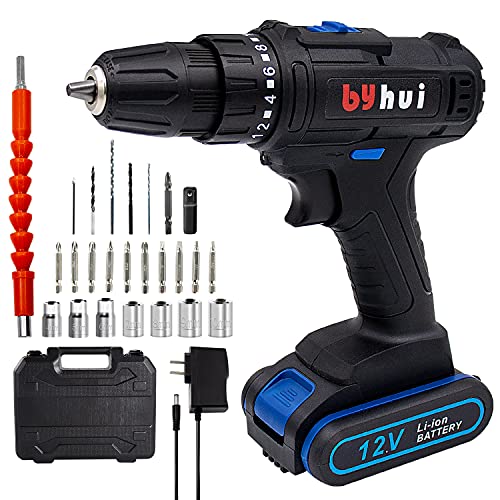 byhui Cordless Drill, 12V Cordless Drill Set with Battery and Charger, 275 In-Ib, 2 Variable Speed, 3/8 Inches Keyless Chuck, 18+1 Torque Settings and 27pcs Accessories for Drilling Wall Wood Metal