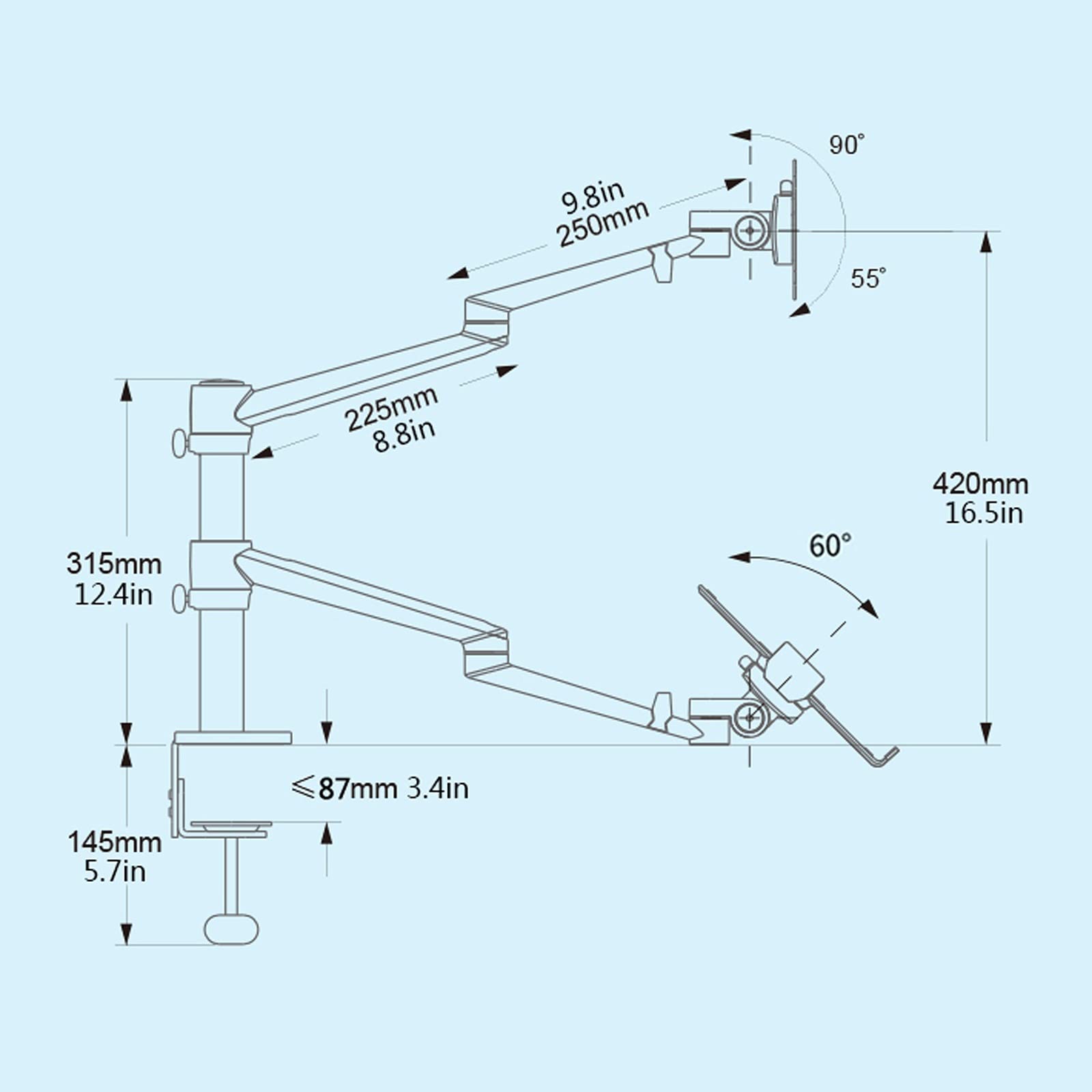 Monitor-Arm Supporto da scrivania a Doppio Braccio Regolabile per Monitor LCD e Supporto per Laptop Supporto per Braccio Singolo da scrivania per schermi da 17"-32", Vassoio extr,Silver