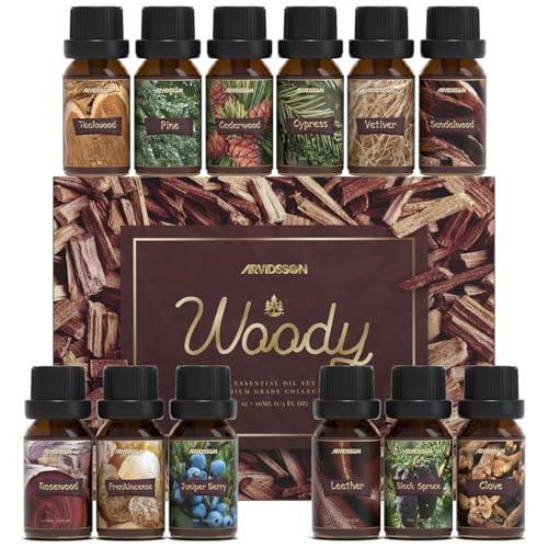 Woody Essential Oils Set, ARVIDSSON Natural Fragrance Oils Gift Set, 12 x 10ml Woodsy Essential Oil for Diffuser - Cedarwood, Sandalwood, Pine, Cypress, Frankincense, Juniper Berry, Clove