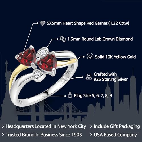 Gem Stone King 925 Silver and 10K Yellow Gold Red Garnet and White Lab Grown Diamond Ring For Women (1.22 Cttw, January Birthstone, Heart Shape 5MM, Available in Size 5,6,7,8,9)2