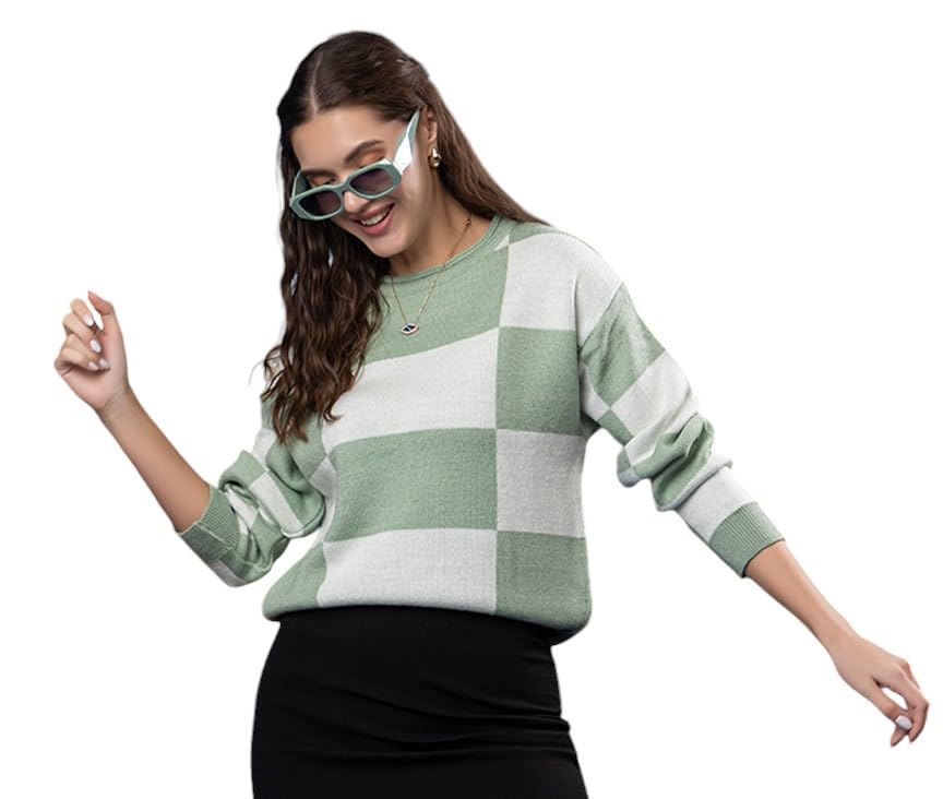 Image of Wear lusso Women's Round Neck Colour Block Sweater | 100% Wool Pullover | Full Sleeve Soft & Stylish Winter Wear for Women & Girls