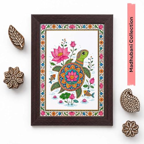 Image of PAPER PAJAMA Madhubani Turtle Wall Art for Living Room | Lotus & Sea Turtle Folk Art Painting | Traditional Mithila Framed Decor for Home, Office & Bedroom (10x13 Inches)