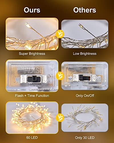 Minetom Led Fairy Lights Battery Operated String Lights Waterproof Silver Wire 5 Feet 60 Led Firecracker Starry Lights For Diy Wreath Home Wedding Party Bedroom Mason Jar Holiday Christmas, Warm White #TOP6