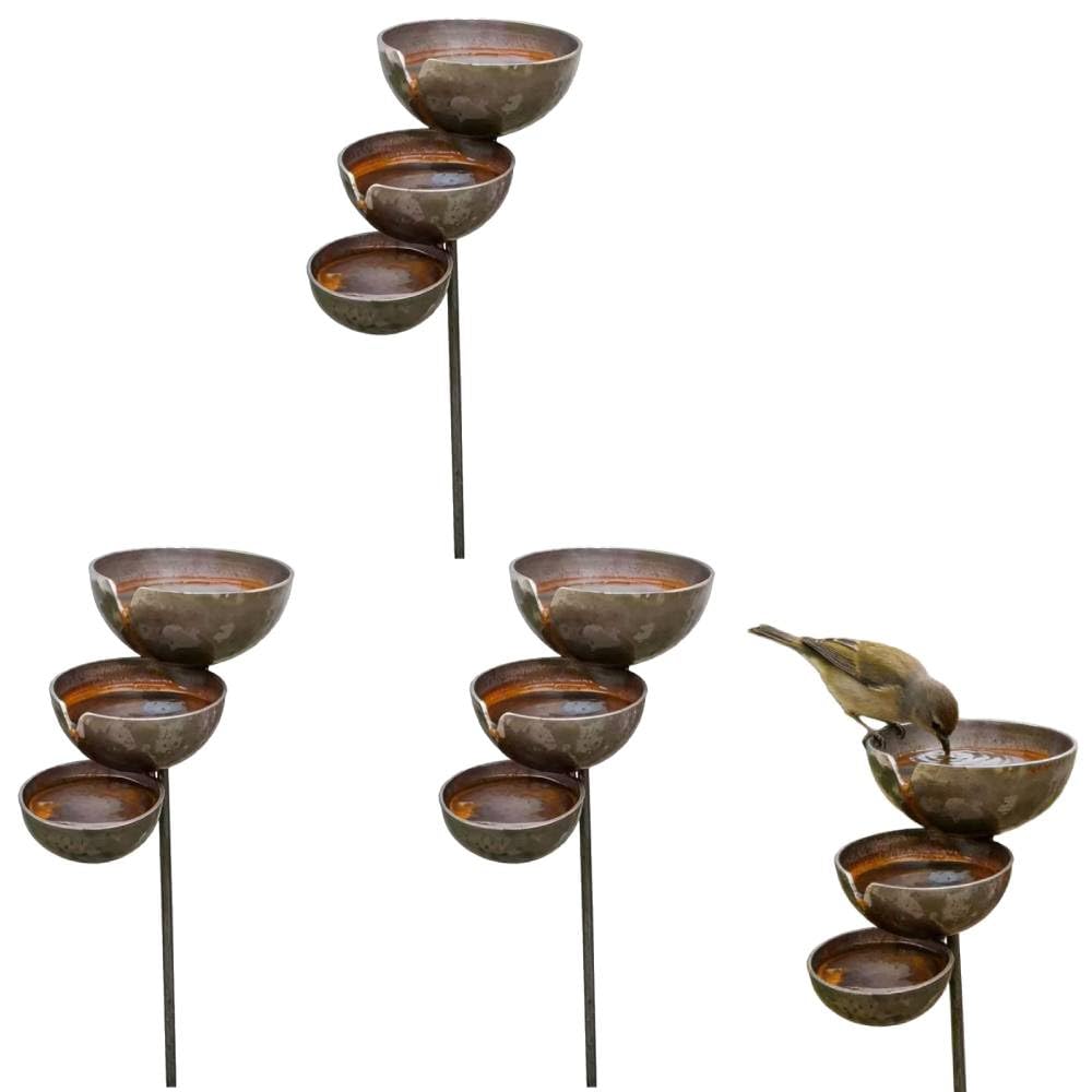 Metal Bird Bath, 3-Tier Bird Feeder Water Bowl, Decorative Butterfly & Bee Watering Station, Rusty Rain Catcher Bird Baths, Garden Stake Ornaments for Outdoor Garden Yard Patio Lawn Decor (3PCS)