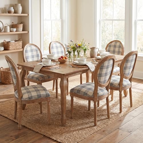 Image of Christopher Knight Home Bilas Extendable Dining Table Set for 6, Expandable Kitchen Table and Dining Chairs Set of 6, Rubberwood Dining Room Table Set for 6, Blue Plaid+Natural