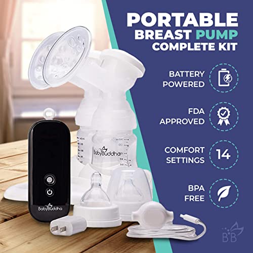 Babybuddha 15 Levels Of Control Battery Powered Breast Pump - Portable & Compact For Travel - Electronic & Hands-Free - Single & Double Pump - Mobility While Comfortably Pumping - Universal Components #TOP3