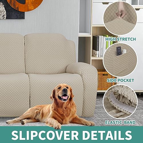 Image of YEMYHOM 4 Pieces Stretch Recliner Slipcover Jacquard Recliner Chair Cover with Side Pocket Anti-Slip Fitted Recliner Cover Couch Furniture Protector with Elastic Bottom (Recliner, Khaki)