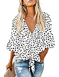 Blouses for Women Casual Summer Button Down V Neck 3/4 Sleeve Tie Front Tops Shirts White L