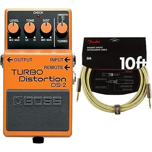 Pédale Turbo Distortion DS-2 BOSS, des sons de distorsion classiques avec modes Turbo supplémentaires & Fender câble pour instrument Deluxe Series tweed – 3 mètres – droit/coudé - Les Beatles, Paul McCartney, John Lennon, RIngo Starr, George Harrison Pédale Turbo Distortion DS-2 BOSS, des sons de distorsion classiques avec modes Turbo supplémentaires & Fender câble pour instrument Deluxe Series tweed - 3 mètres - droit/coudé