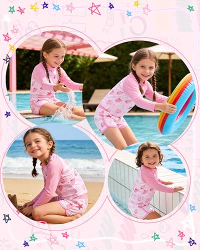 Image of babygoal Little Girl Rash Guard UPF 50+ Swimsuit 2-Piece, Long Sleeve Rashguard Bathing Suit Set for Girls 3-8 Years