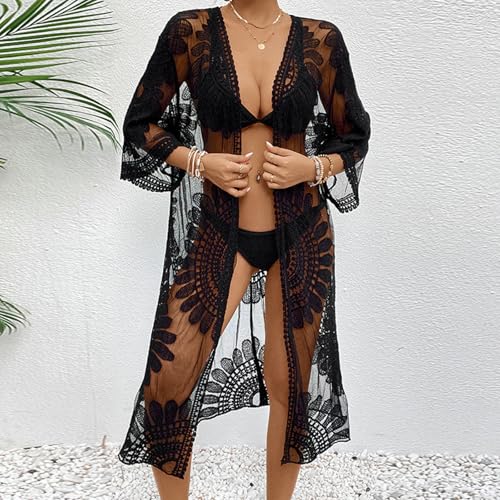 Awoscut Women's Swimwear Cover Ups Summer Long Mesh Swimsuit Bathing Suit Loose Beach Lace Kimono Cardigan Beachwear2