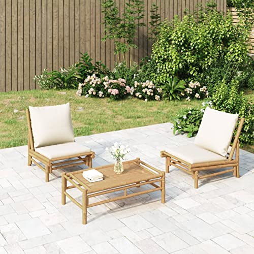 ZEYUAN Set de Muebles de jardín 3 Piezas bambú y Cojines Blanco Crema, Conjunto Jardin Exterior, Muebles Jardin Exterior, Conjunto Terraza, Terraza Exterior Chill out, Garden Furniture 3156489