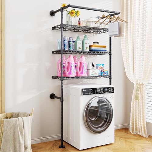 ULIFHOME U17 Wall-Mounted Over Washer and Dryer Storage Shelves, Without Moving Washer or Dryer Laundry Room Storage Rack with Hanger Rod, 35" W x 22" D x 86.2" H, Holds 352 lbs, Black by ULIFHOME - Image 4