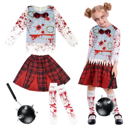 OUMDON Disfraz Halloween Niña Zombie: Disfraz Zombie Con Calcetines y Martillo de Meteorito - Terror Colocar Animadora Niña (S（5-7 años）)