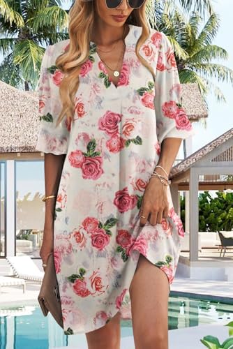 Image of QACOHU Summer Dresses for Women V Neck Ruffle Short Sleeve Casual Shift Dress