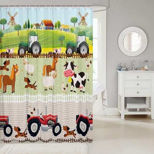 Image of Kids Cartoon Farm Animals Bath Curtain Toddler Cute Tractors Shower Curtain Farmhouse Country Shower Curtain with Hooks Colorful Room Decor Nature Theme Waterproof Fabric Bathroom Decor 72x72 Inch