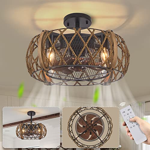 Rustic Ceiling Fans with Lights, 17 Inch Low Profile Caged Ceiling Fan with Lights Remote Control, Farmhouse Bedroom Ceiling Fans for Living Dining Room Kitchen