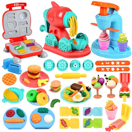 Crelloci 3 in 1 Color Dough Kitchen Creations Set, Ice Cream Spaghetti Burger Maker Machine, Art Crafts Food Modeling Toys, Accessories Tools Kit for Boys Girls Kids Toddlers Ages 3+ (12 Colors Dough)