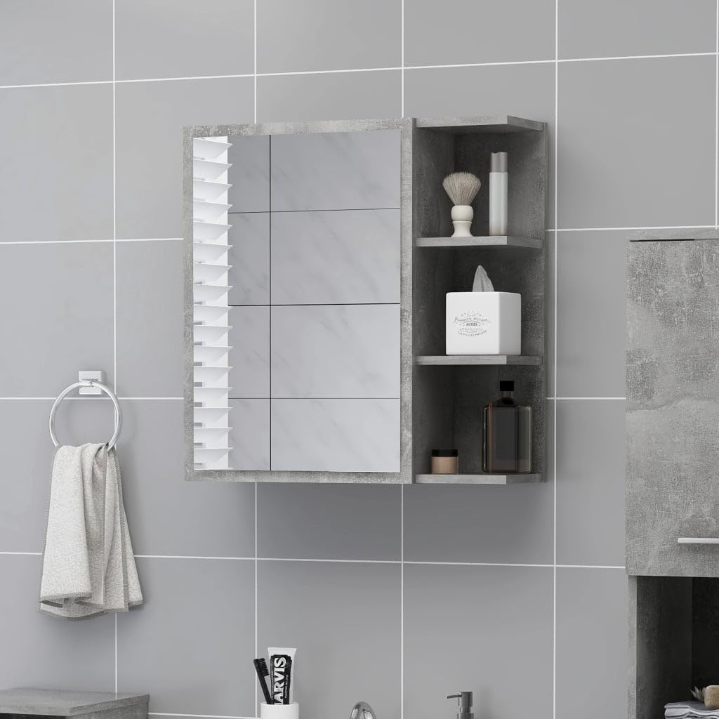 vidaXL Armario Espejo de Baño Inodoro Aseo Muebles Mobiliario Almacenamiento Estante Decoración Adorno Contrachapada Gris Hormigón 62,5x20,5x64 cm