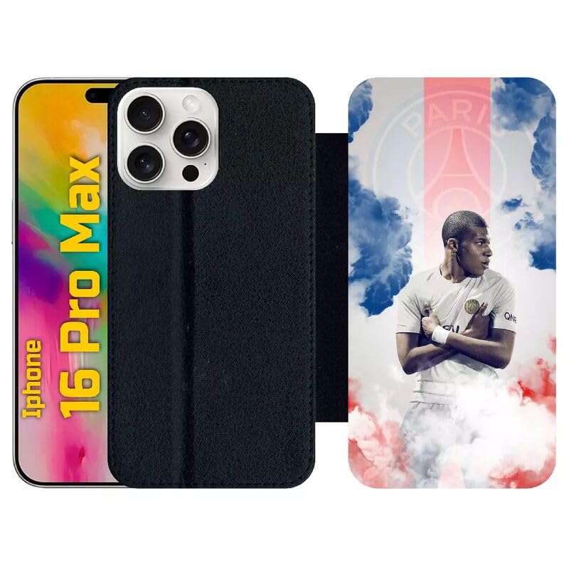 Étui à rabat pour iPhone 16 Pro Max en simili-cuir rigide noir imprimé haute définition