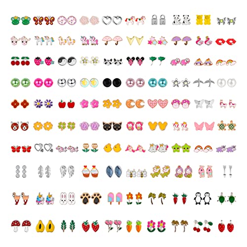 Image of NEWITIN 100 Pairs Colorful Cute Earrings for Girls Sensitive Ears Hypoallergenic Girl Stud Earrings Set Stainless Steel Cartoon Stud for Girls and Women