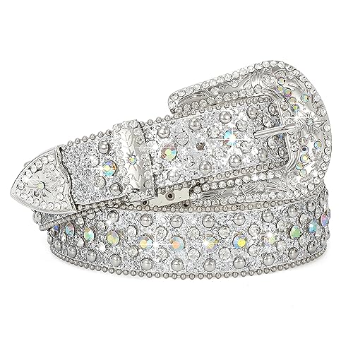 Image of SUOSDEY Rhinestone Belt Men Women for Jeans Dress Western Cowgirl Cowboy Studded Glitter Sequin Strap Belt, A-silver, 41.3 inch /105cm fit waist: 29 inch-33 inch