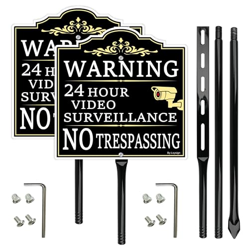 Panneau video surveillance et piquets 137cm en aluminium noir et doré lot de 2