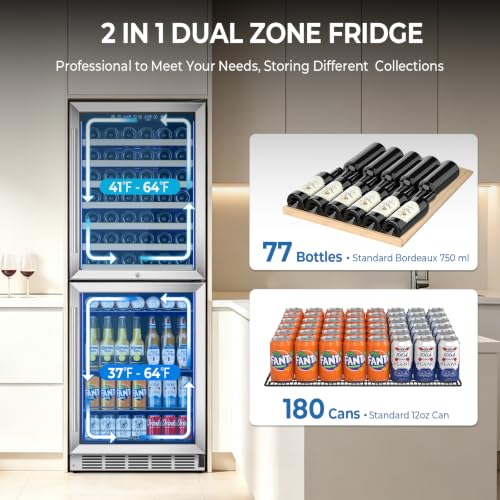 Image of 24 Inch Wide Wine and Beverage Cooler, 2 IN 1 Beverage Refrigerator with Glass Door, Dual Zone Wine Fridge Built-In /Freestanding, Beverage Wine Fridge for Home /Bar, 77 Bottle & 180 Can, Silver