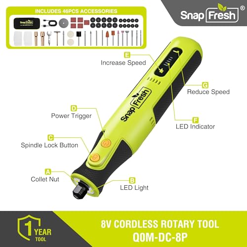 Image of SnapFresh 8V Cordless Rotary Tool Kit, 28,000 RPM 5-Speed Mini Electric Multi-Tool with LED Light, USB-C Rechargeable, 46 Accessories & Carry Bag, Lightweight for DIY Crafts & Dog Nail Grinding