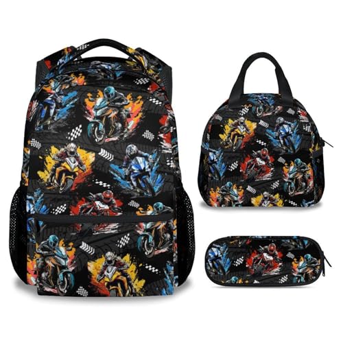 Image of Kids Backpack Set - Motorcycle Backpacks for Boys - 3Pcs Toddler Bookbag with Lunch Box Pencil Case - Boys School Bag for Kindergarten /Preschool /Elementary (17 Inch)