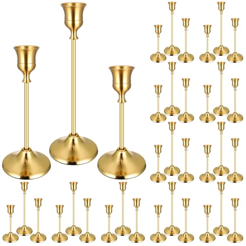 36PCS Brass Gold Taper Candle Holders Set, Vintage Metal Candlestick Holders for Table Centerpiece, Wedding Reception, Festive Christmas Mantel Decoration