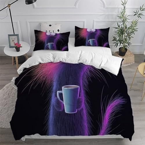 Housse de couette super king anti-pli en microfibre imprimé chat violet