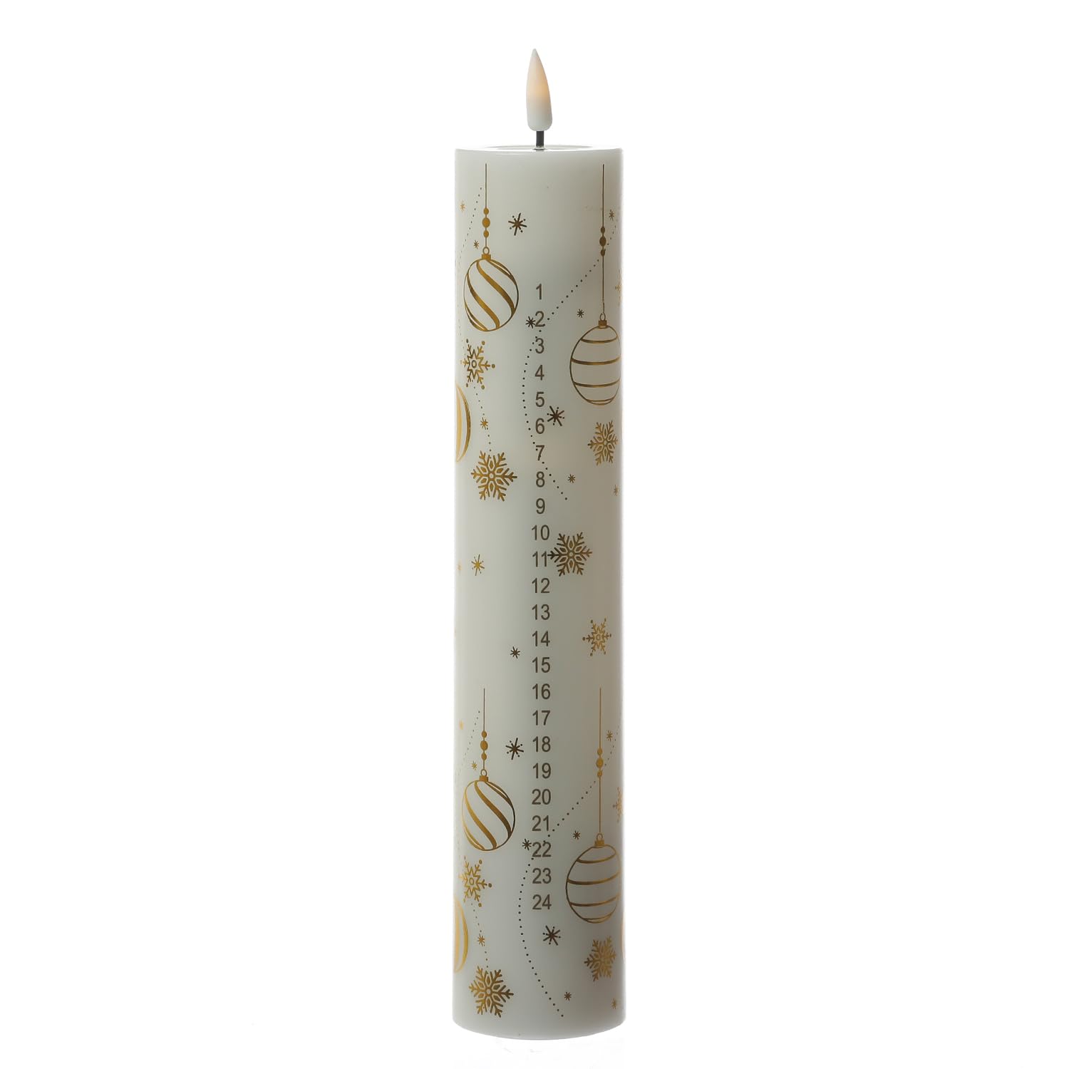 MARELIDA LED Adventskalenderkerze mit 24 Zahlen Deluxe Homeart Weihnachtskerze mit Fernbedienung und Batterien H: 25cm Echtwachs Adventskerze Kalenderkerze (weiß/gold)