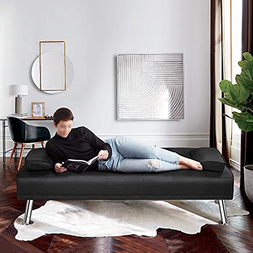 Yaheetech Linen Fabric Modern Sofa Bed Futon Couch Bed Folding Recliner Sleeper Reversible Loveseat Convertible Daybed, 2 Cup Holders, 3 Angles, 772Lb Capacity, Removable Armrests, Black #TOP1