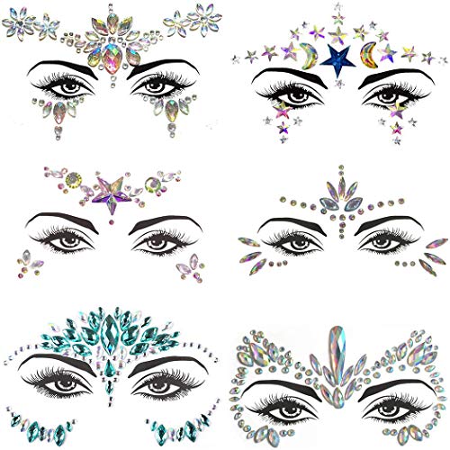 Mermaid Face Jewels Rhinestones Gems Glitter Body Jewels Self-adhesive 3D Face Tattoo Festival Makeup Crystals Eye Face Temporary Tattoo Stickers Rave Dancer Women Christmas Gift(6 Sets)