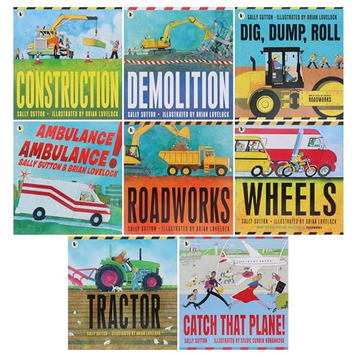The Construction Crew Series By Sally Sutton Illustrated 8 Picture Books Collection Set (Construction, Demolition, Dig, Dump, Roll, AMBULANCE AMBULANCE!, Roadworks, Wheels, Tractor &Catch That Plane)