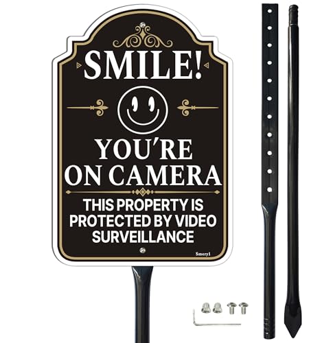 Smeryl Smile Youre On Camera Sign This Property Is Protected By Video Surveillance with 34.6 Stake for Yard 12 x 8 Video Surveillance Sign Smile Camera Signs Rust-Free Aluminum Weatherproof Easy Installation 1 Pack