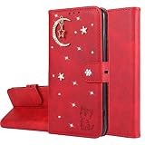Miagon Diamant Brieftasche Hülle für Samsung Galaxy A71,Mond Star Katze 3D Design PU Leder Flip Handyhülle Klapphülle Klappbar Silikon Bumper Schutzhülle,Rot