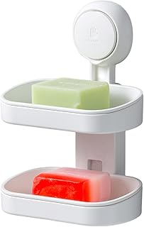 Shower Soap Holder Suction Cup Soap Dish for Shower Wall Double Layer Heavy Duty Bar Soap Holder, Self Draining Soap Saver for Bathroom Kitchen Waterproof Soap Tray No Drilling Removable White