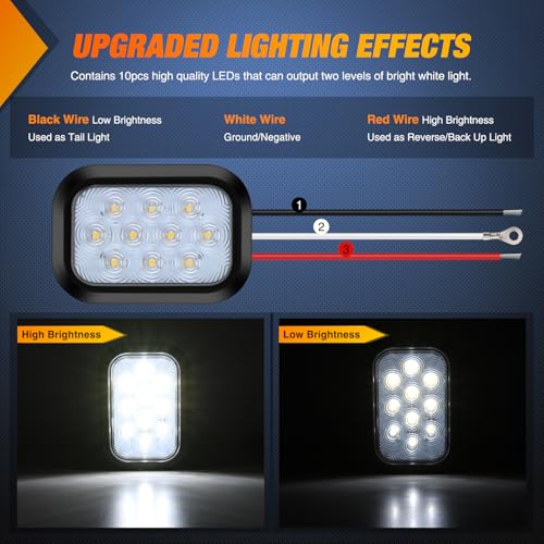 Image of Nilight 5 inch X 3 inch Rectangular Trailer Tail Light 2 PCS White 10 LED | Back Up Reverse Lights w /Flush Mount Grommets Plugs IP67 Waterproof for 12V Truck ATV UTV Bus RV Camper