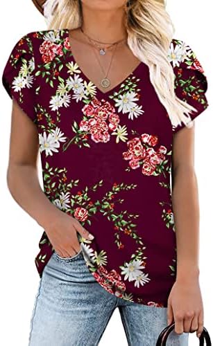 CATHY Womens 2022 Summer Casual T-Shirts V Neck Petal Short Sleeve Tops Loose Comfy Blouse Lightweight Cute
