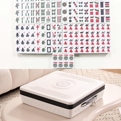 KOUBENHAN Portable Automatic Mahjong Table, Hand-held Mini-Mahjong, Automatic Mahjong, Foldable Mahjong Table w/American&Chinese -Style Magnetic Tiles, for Outdoor & Home Fun (White)